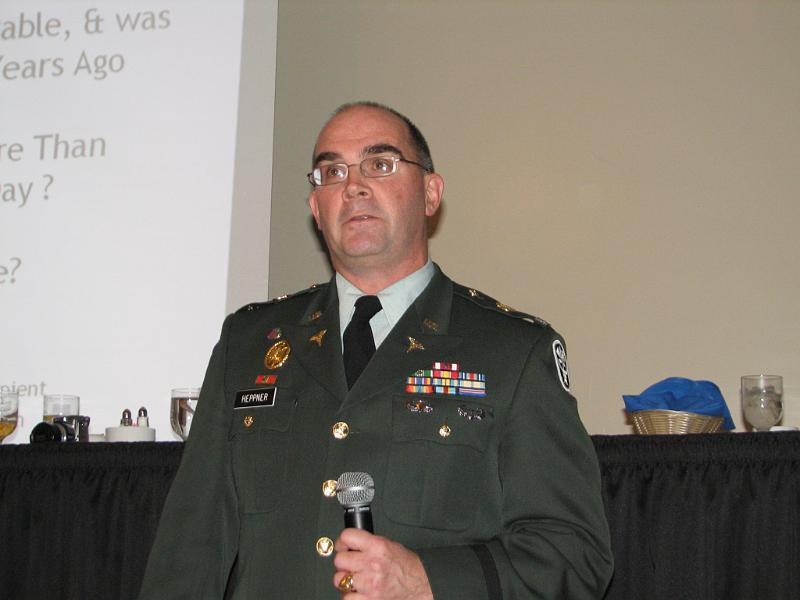 IMG_5920.JPG - COL Heppner is deputy commander of the Walter Reed Army Institute of research who has been working on malaria eradication presented the status on malaria which is the #1 cause of the death of young African children and of his research to develop a vaccine to control malaria.  Over 3,000 children die every DAY of malaria.