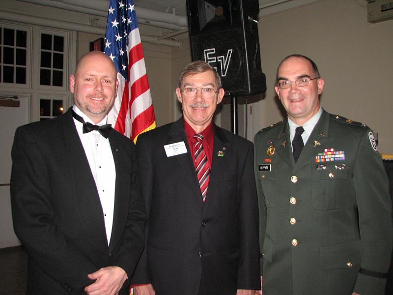 IMG_5935.JPG - President Ken Price, Capital District Governor Don Dudey and COL Gray Heppner.  Governor Don praised the Lynchburg club for 90 years of service and COL Heppner for his medical research after the dinner.