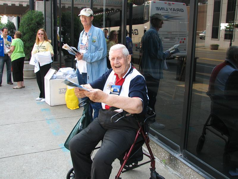 IMG_3763.JPG - The street campaigning begins in front of the convention center.  PG Joe Kalista is happy to hand out literature to delegates urging “Vote For Jerry