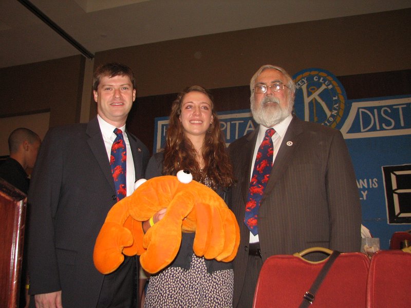 IMG_0918.JPG - Kiwanis Governor Elect Jeff Wolff, Key Club Governor Caroline Morris and Key Club Administrator Joe Stankus pose with the Capital District Crab mascot.  Get ready for ACTION!