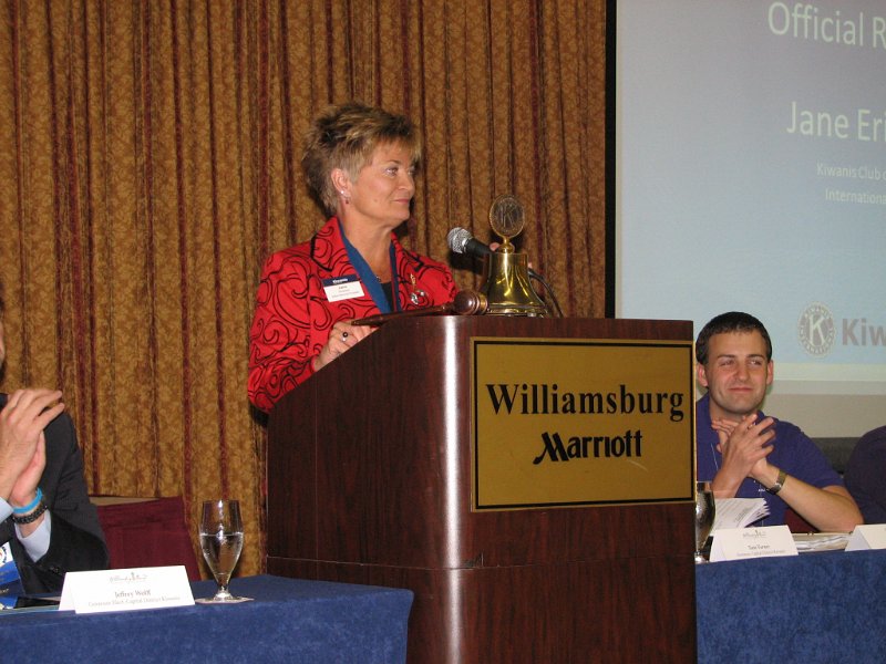 104.JPG - Kiwanis International Trustee Jane Erickson gives her official Remarks on the State of Kiwanis Internationally. International membership is UP slightly and they are pushing for all clubs to retain members and induct new members by September 30th. All SLP organizations are at RECORD membership, except CKI which is very close to a record. She stressed the important of the Eliminate Project’s success in meeting the challenge. Also how important it is to tell our story by working with the communities to introduce them to Kiwanis. Then ASK them to join.